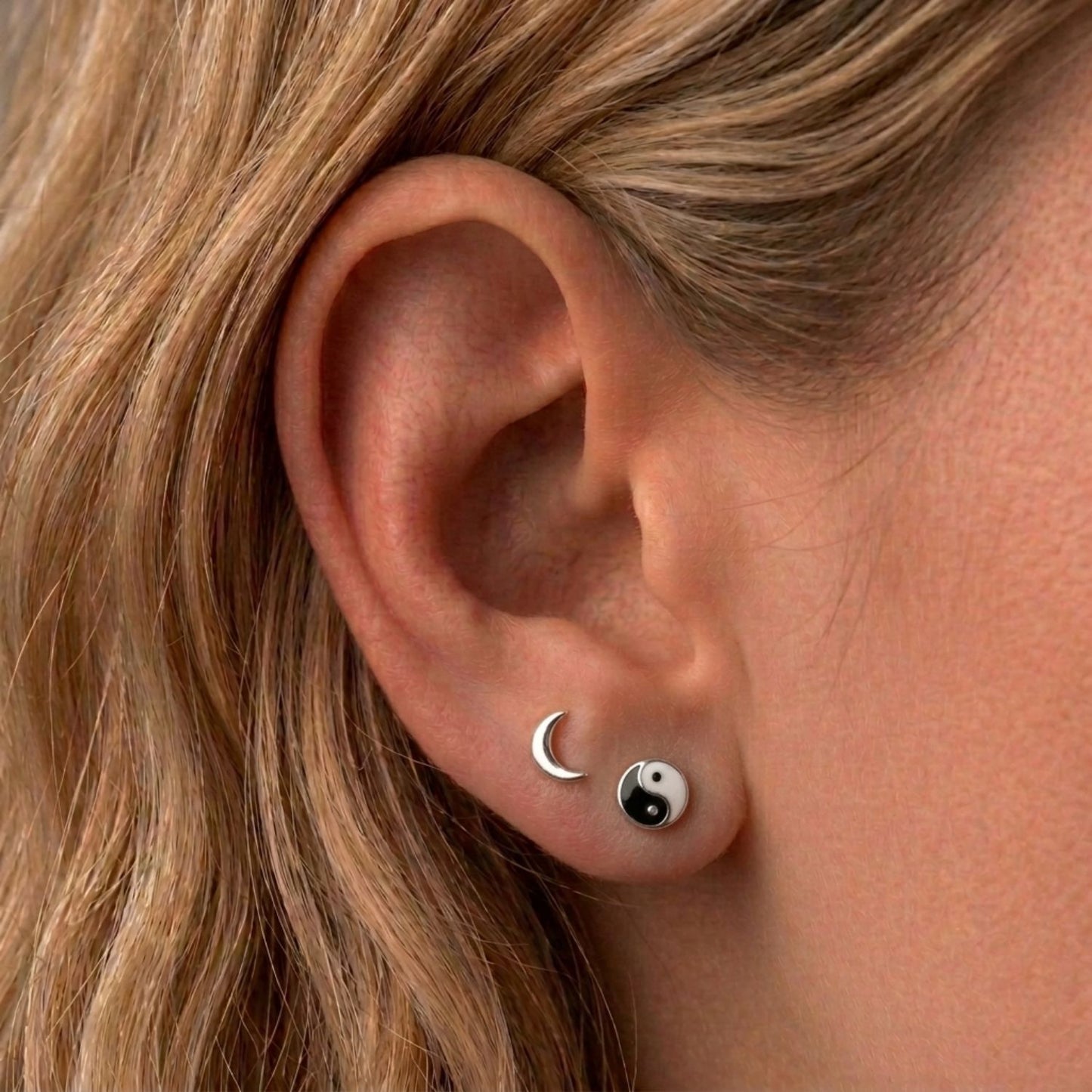Boho stud earring set — sterling silver | 4 pairs | disc, moon, yin yang & star