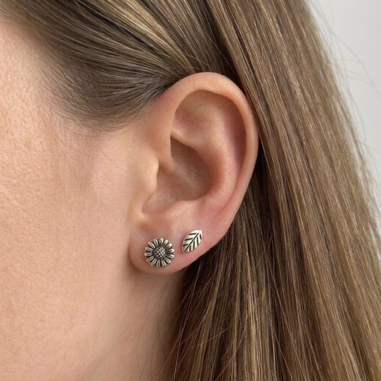 Floral stud earring set — sterling silver | 4 pairs | rose, leaf, flower & sunflower