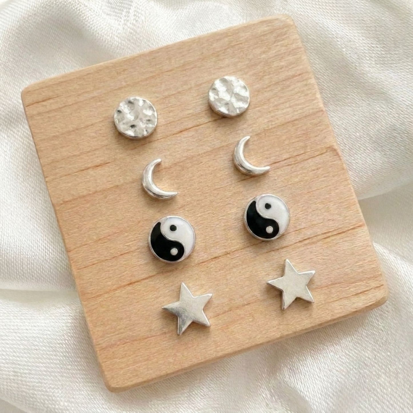 Boho stud earring set — sterling silver | 4 pairs | disc, moon, yin yang & star