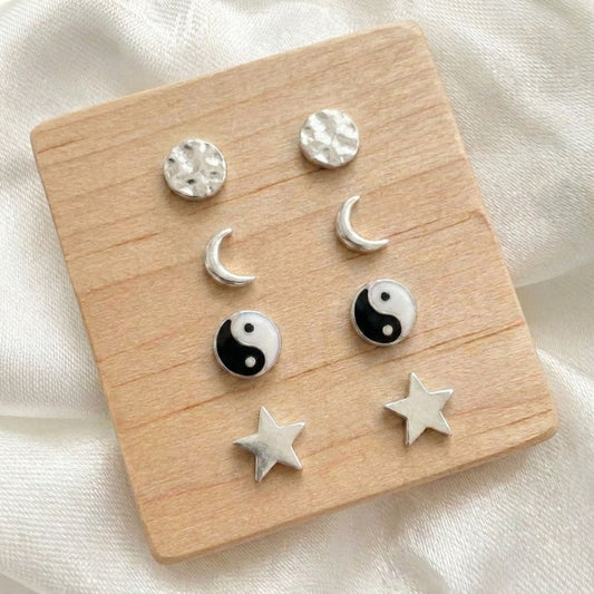 Boho stud earring set — sterling silver | 4 pairs | disc, moon, yin yang & star