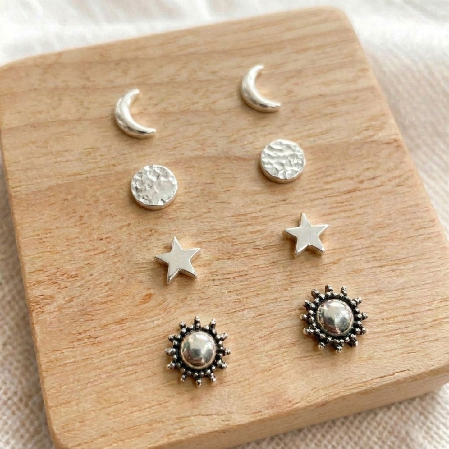 Celestial stud earring set — sterling silver | 4 pairs | sun, moon, star & disc