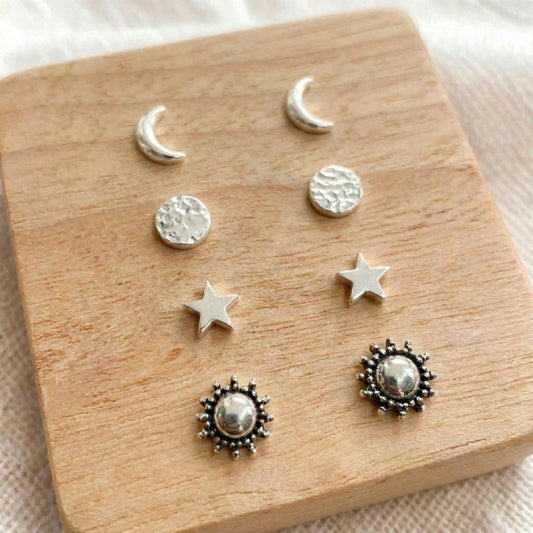 Celestial stud earring set — sterling silver | 4 pairs | sun, moon, star & disc