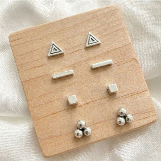 Geometric stud earring set — sterling silver | 4 pairs | triangle, bar, cube & triple dot