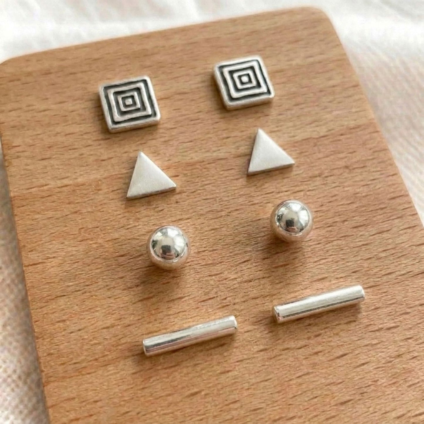 Geometric stud earring set II — sterling silver | 4 pairs | square, triangle, ball & bar