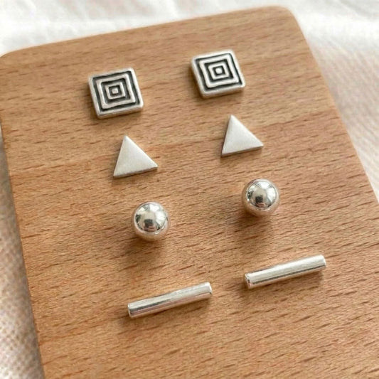 Geometric stud earring set II — sterling silver | 4 pairs | square, triangle, ball & bar