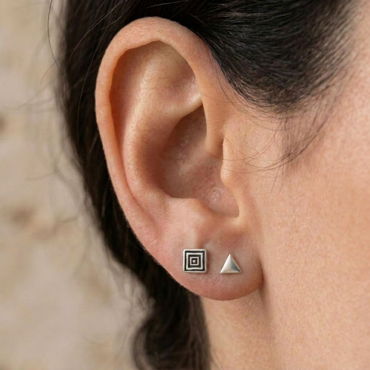 Geometric stud earring set II — sterling silver | 4 pairs | square, triangle, ball & bar