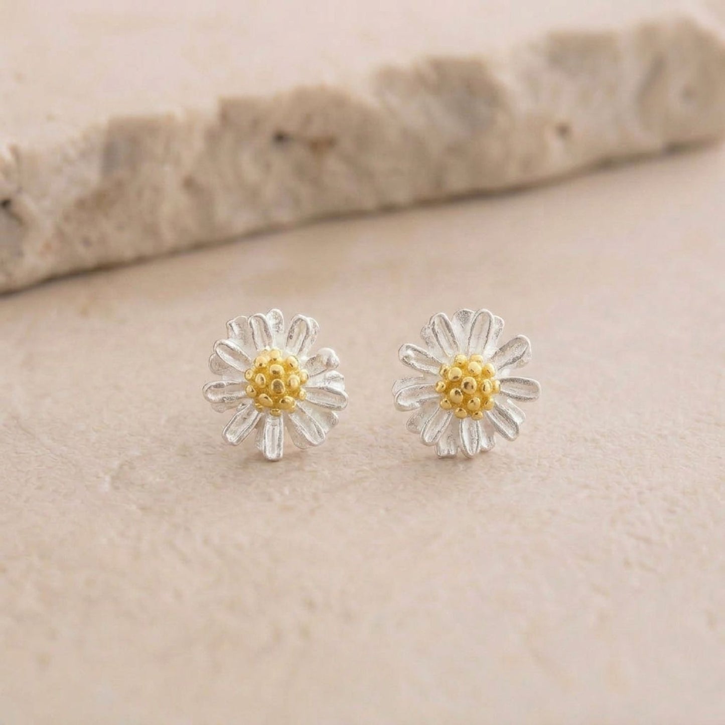 Daisy stud earrings — sterling silver with gold plated centre, 8mm