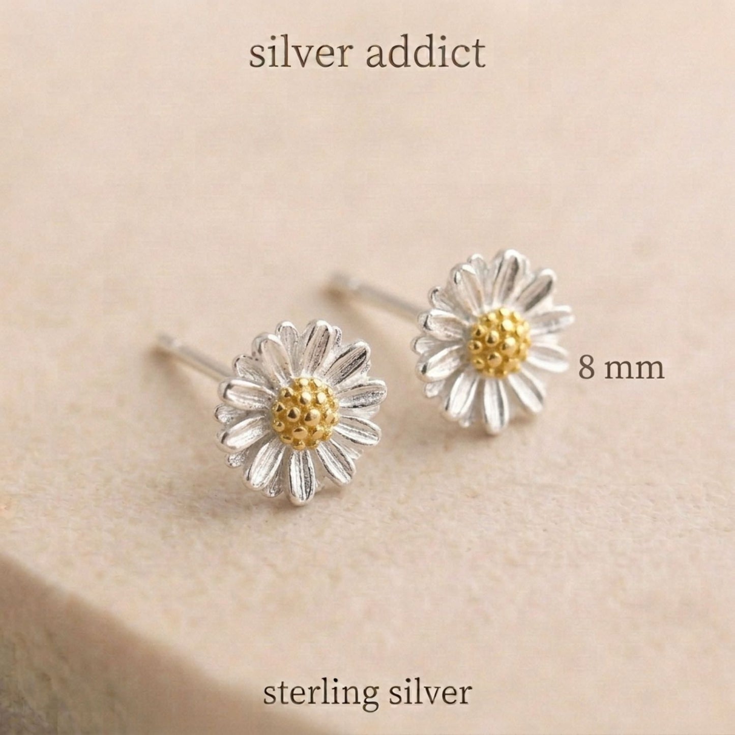 Daisy stud earrings — sterling silver with gold plated centre, 8mm