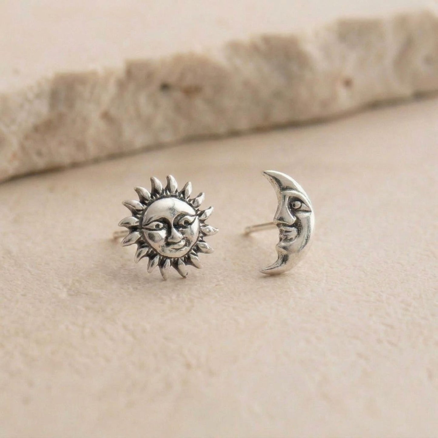Sun and moon face stud earrings — sterling silver, mismatched pair