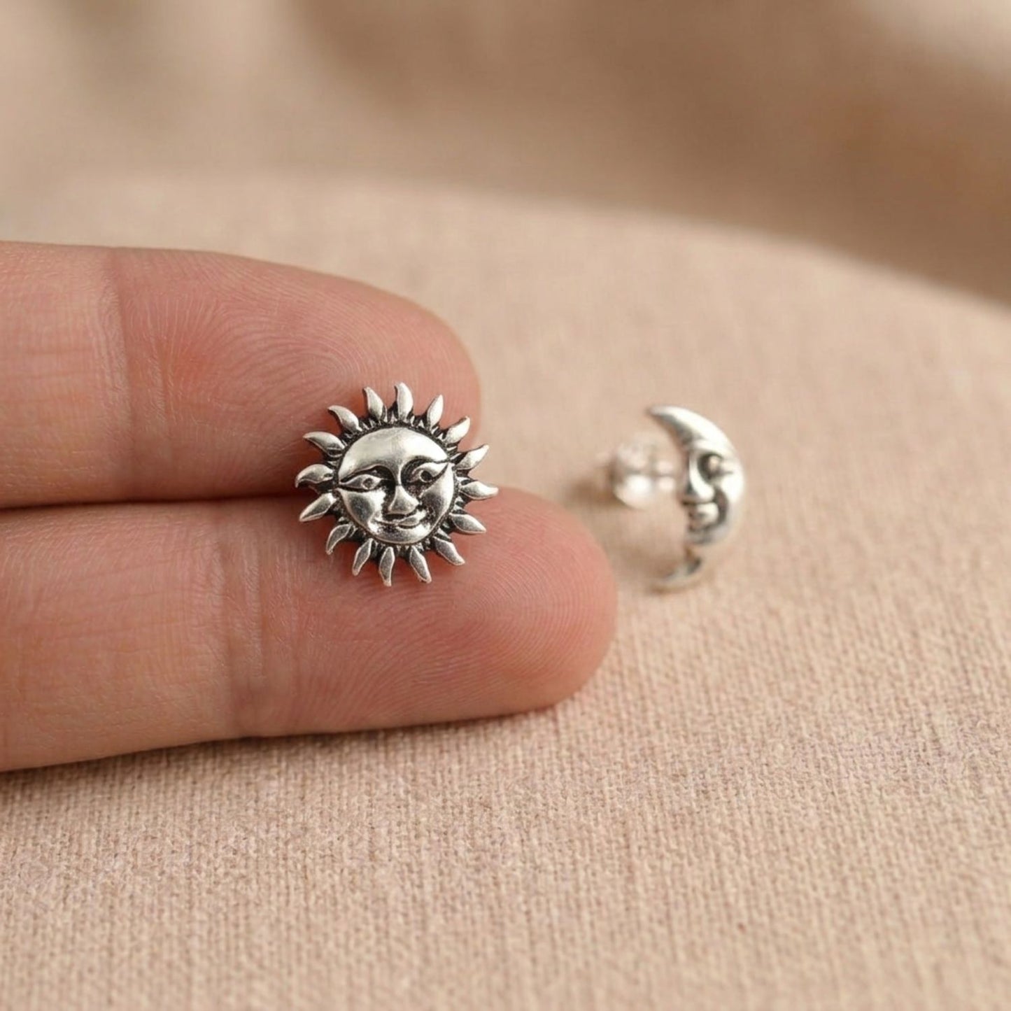 Sun and moon face stud earrings — sterling silver, mismatched pair