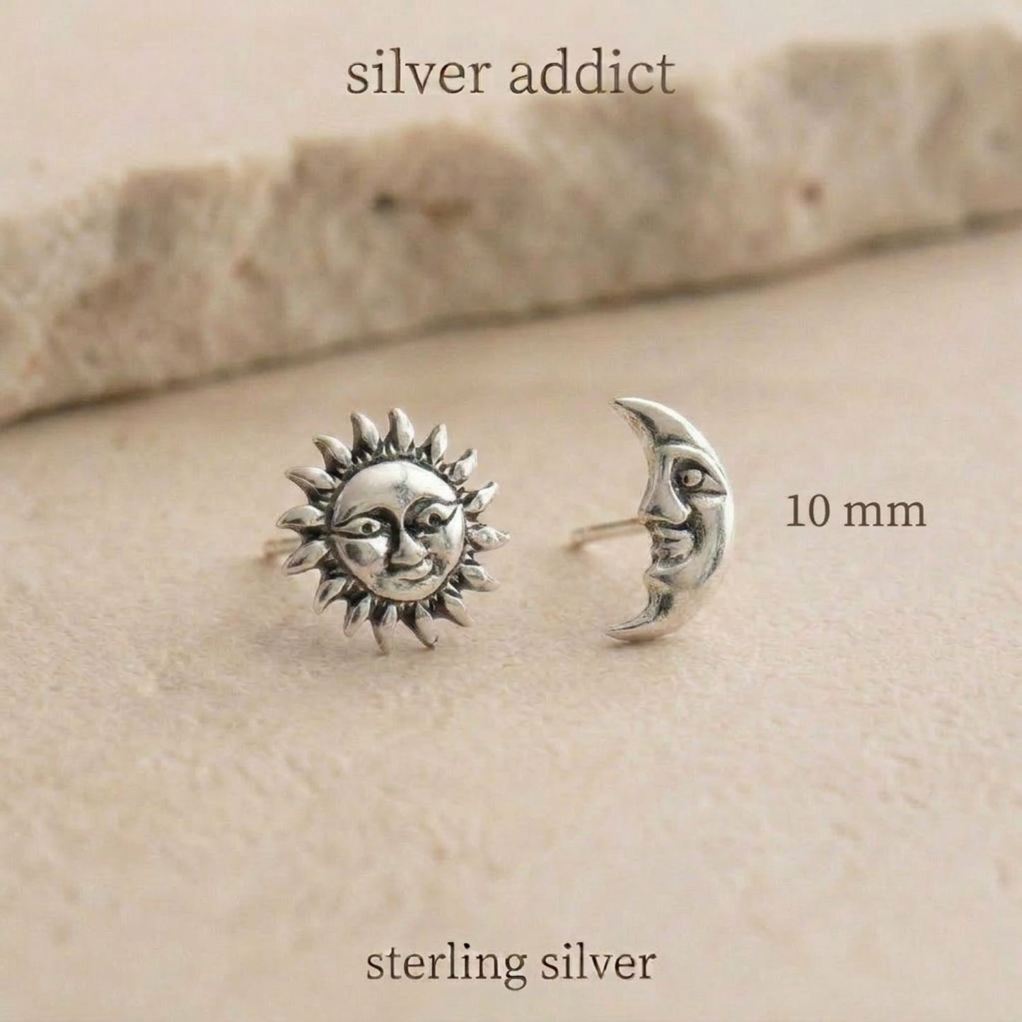 Sun and moon face stud earrings — sterling silver, mismatched pair