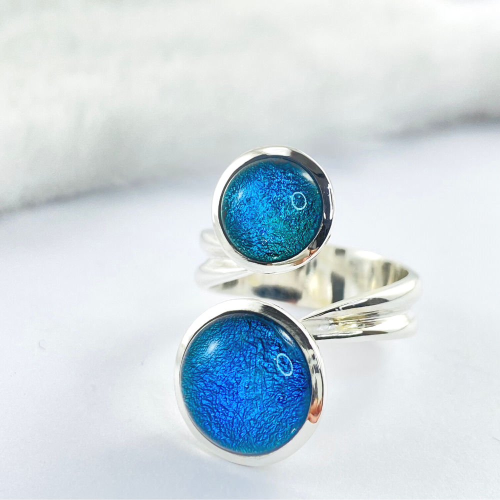 Teal Dichroic Glass Double Ring