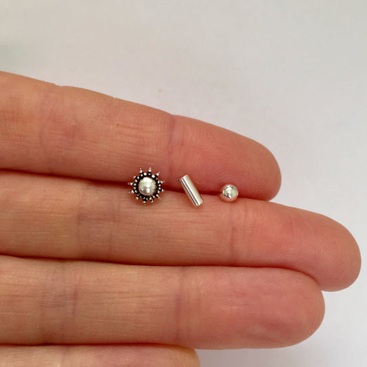 Sterling Silver Mismatched Sun, Bar, Ball Stud Earrings