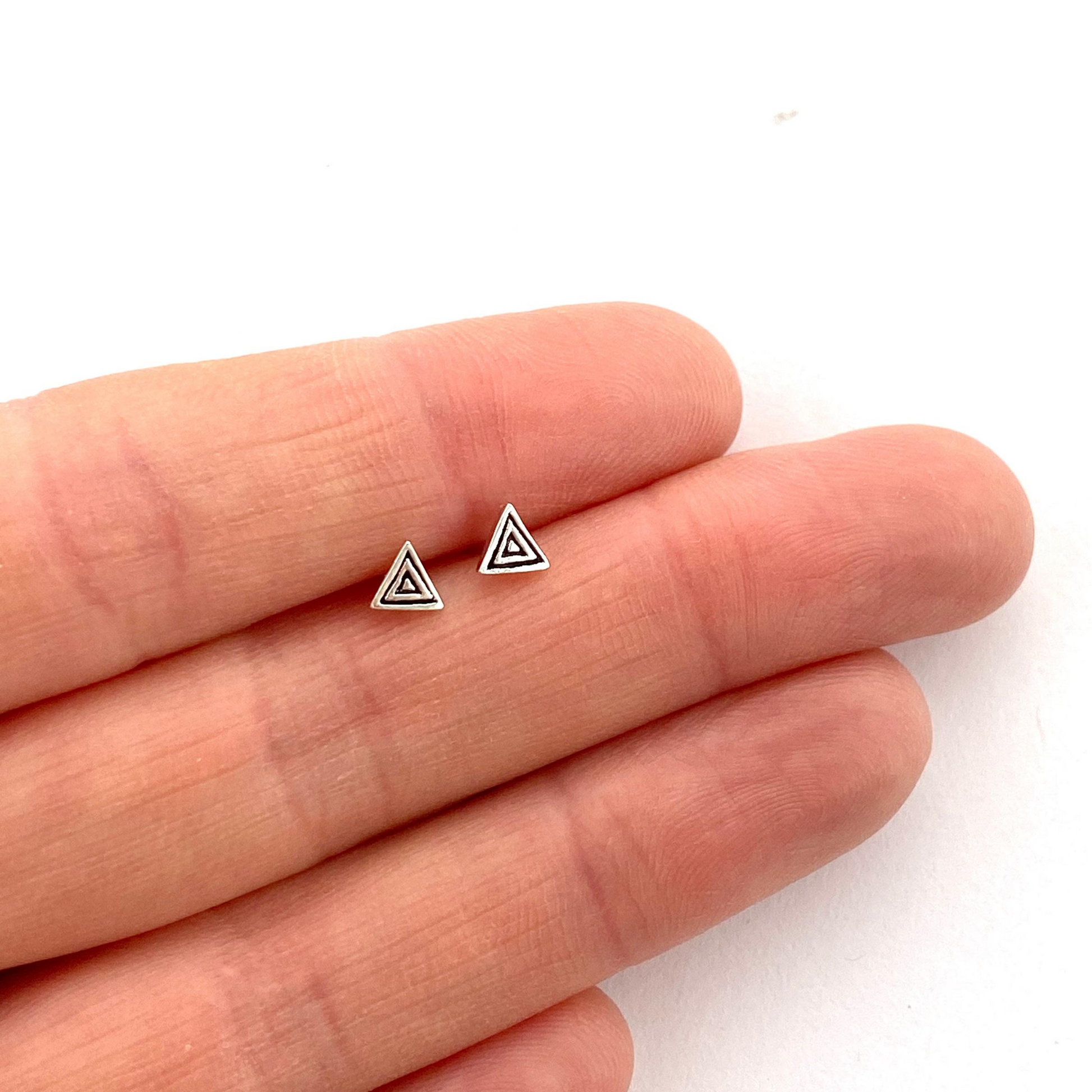 Men's Triangle Stud Earrings - Stainless Steel, Screw Back, Polished & Satin Finish, 2pcs